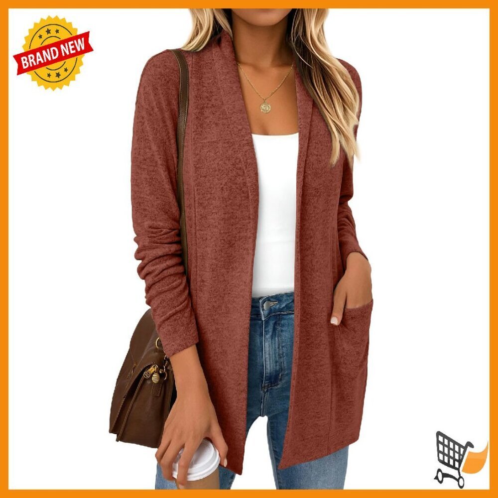 Lightweight Open Front Cardigan with Pockets - Long Sleeve Hip Length